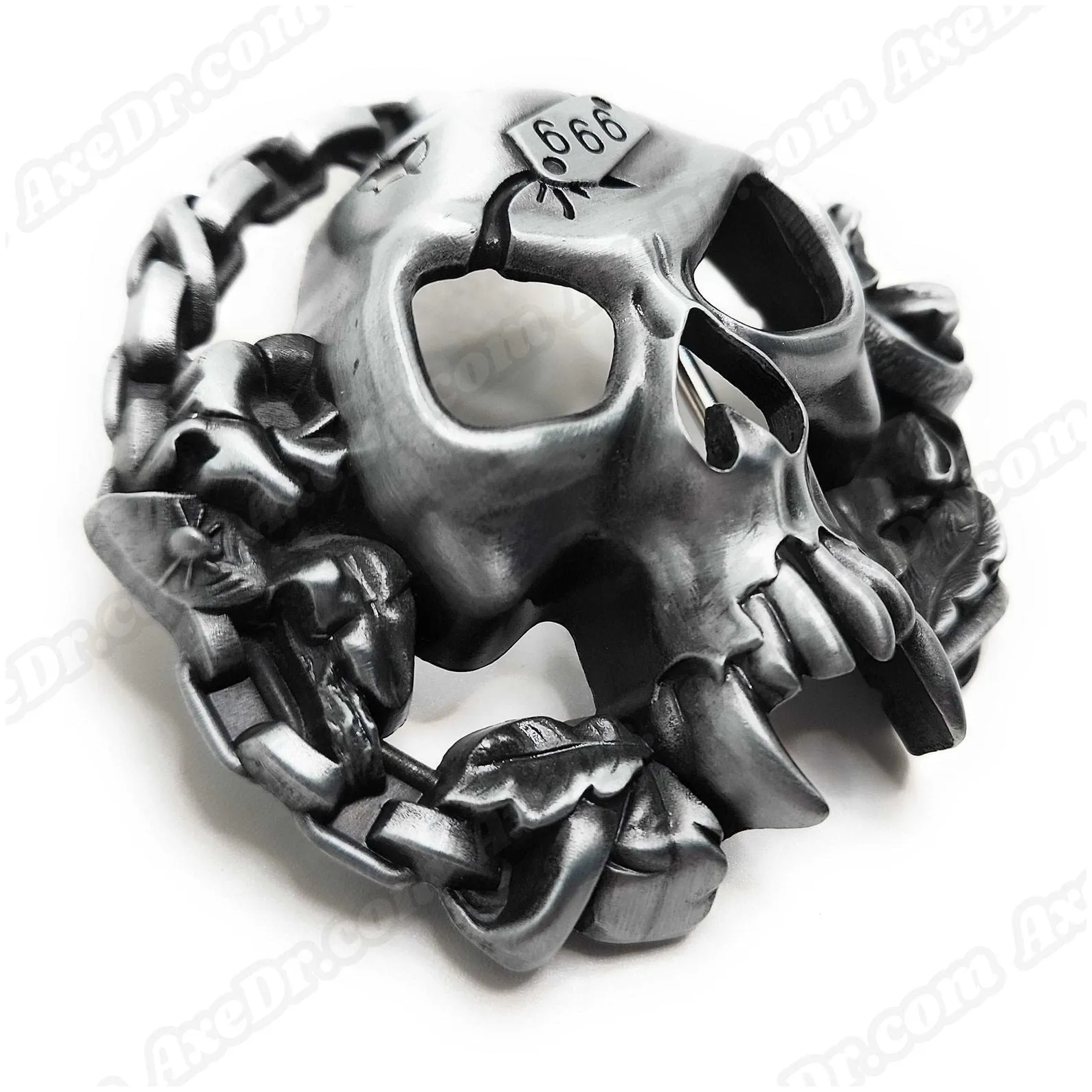 Fanged Skull Belt Buckle and Black Pyramid Studded Leather Belt