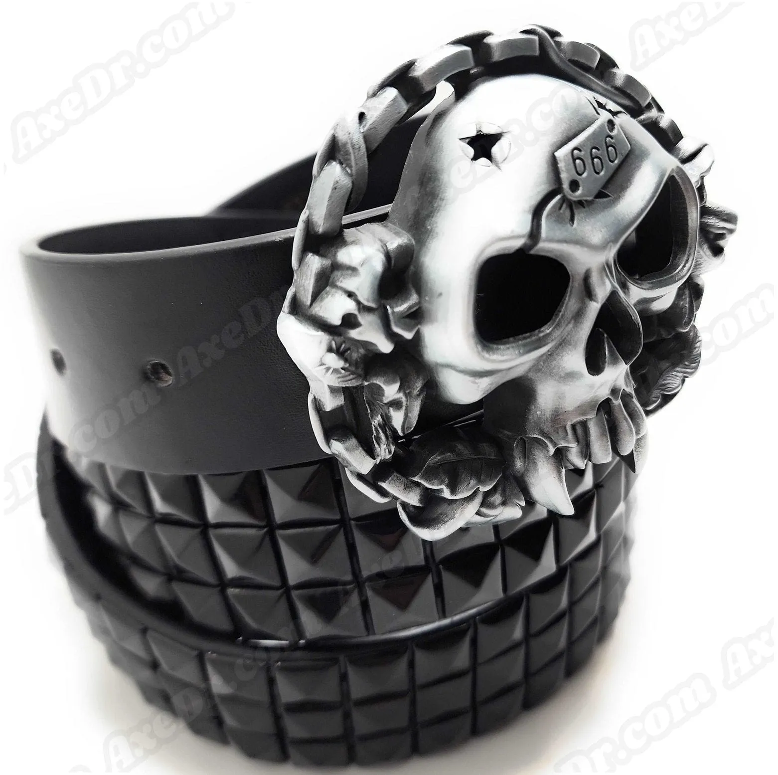 Fanged Skull Belt Buckle and Black Pyramid Studded Leather Belt