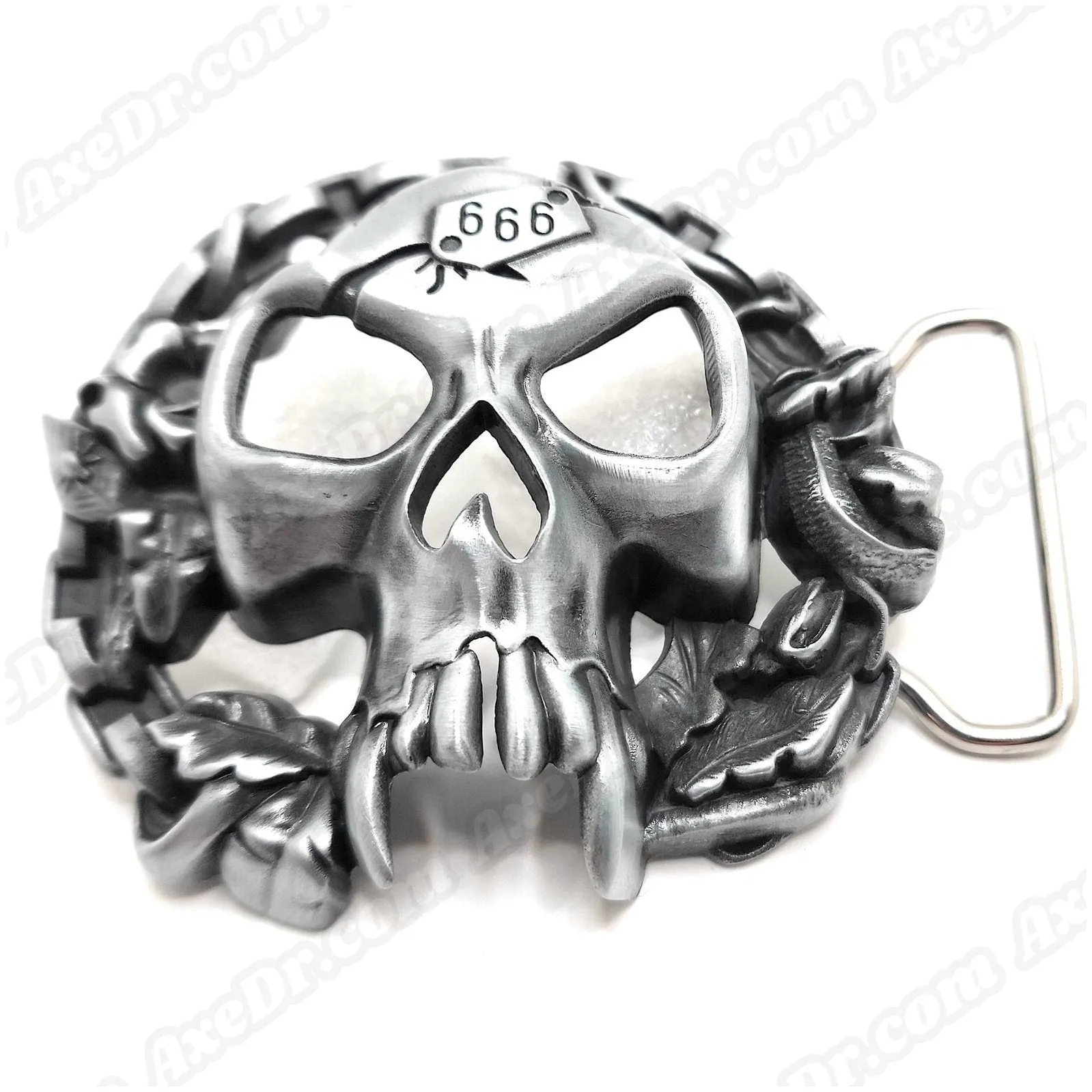 Fanged Skull Belt Buckle and Black Pyramid Studded Leather Belt