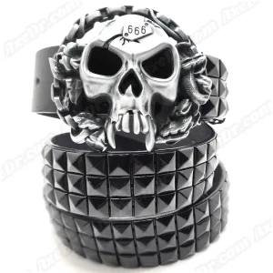 Fanged Skull Belt Buckle and Black Pyramid Studded Leather Belt