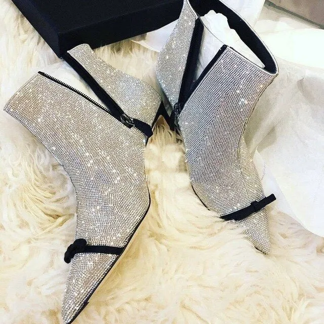 Fashion Bling Bling Ankle Booties 2020 Crystal Handmade Spring Shoes Party Dress Pointed Toe Runway Woman Ankle Boots