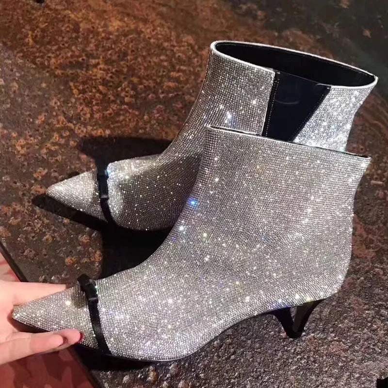 Fashion Bling Bling Ankle Booties 2020 Crystal Handmade Spring Shoes Party Dress Pointed Toe Runway Woman Ankle Boots