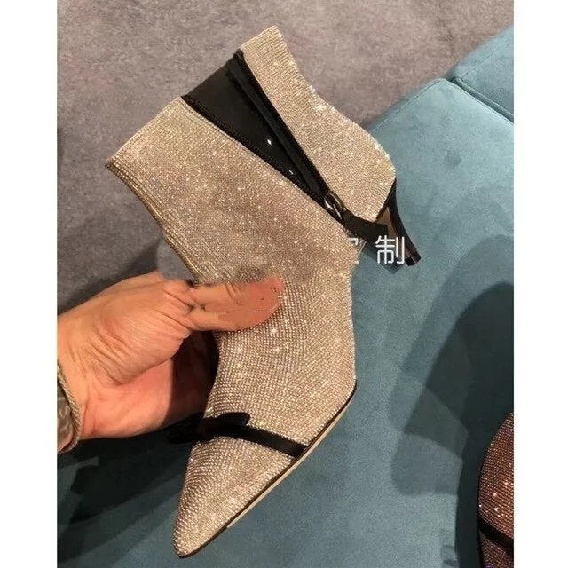 Fashion Bling Bling Ankle Booties 2020 Crystal Handmade Spring Shoes Party Dress Pointed Toe Runway Woman Ankle Boots