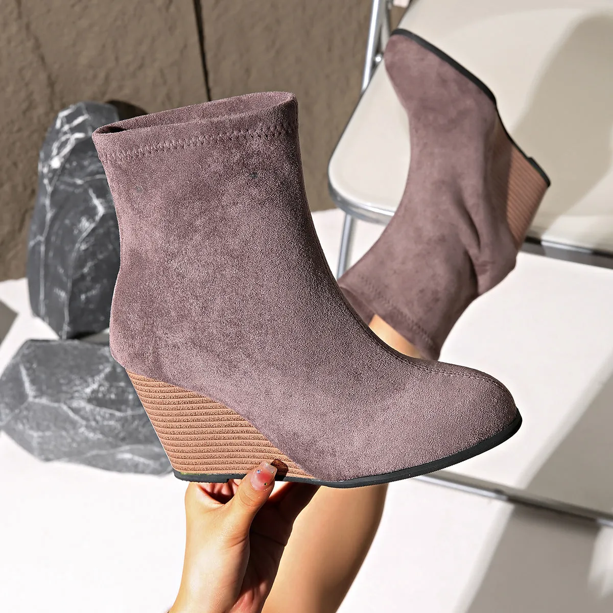 Fashion Thick-soled Boots, Winter Suede Height-increasing Warm Solid Ankle Wedges