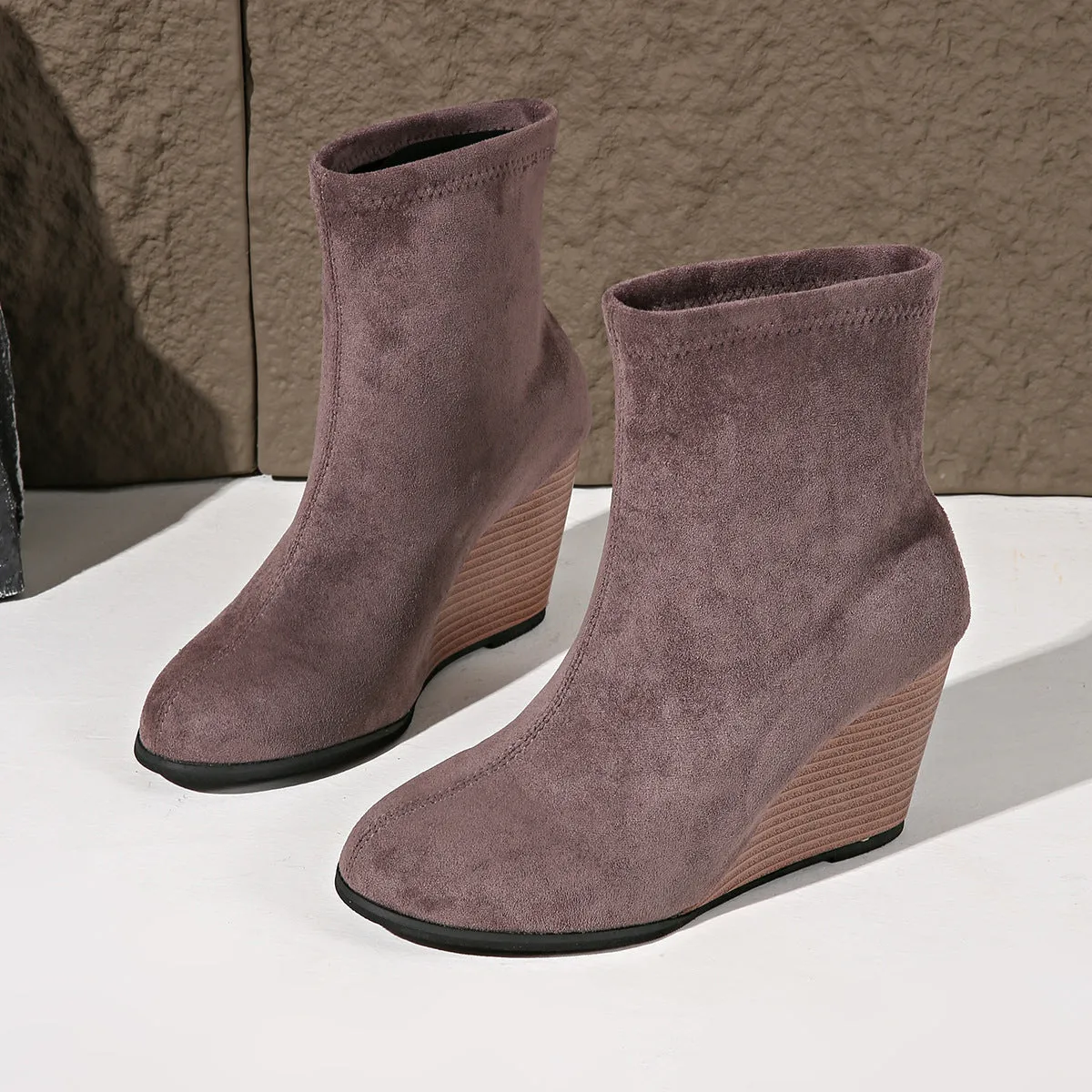 Fashion Thick-soled Boots, Winter Suede Height-increasing Warm Solid Ankle Wedges