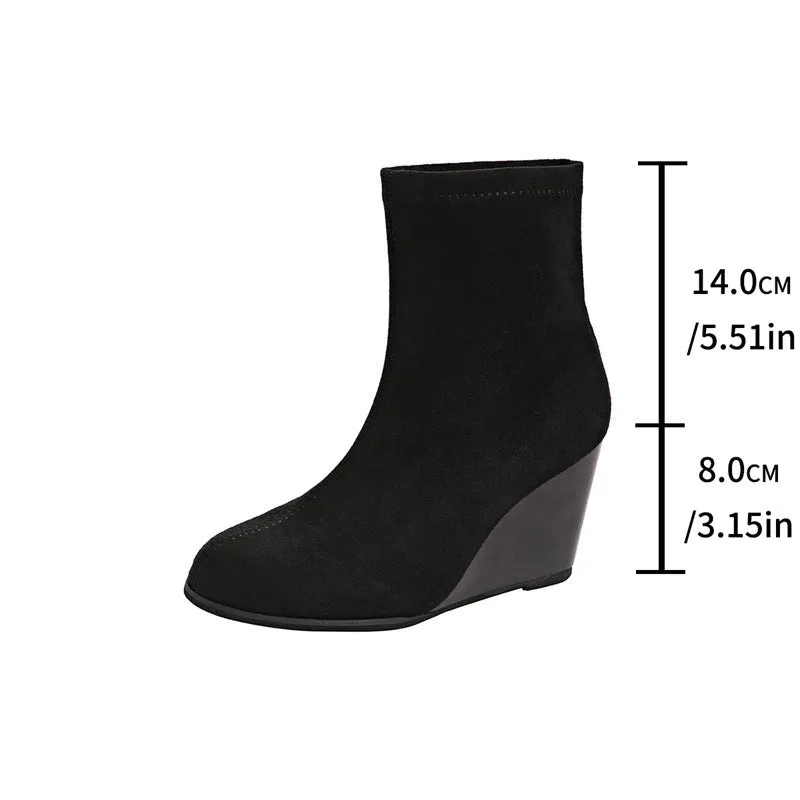 Fashion Thick-soled Boots, Winter Suede Height-increasing Warm Solid Ankle Wedges
