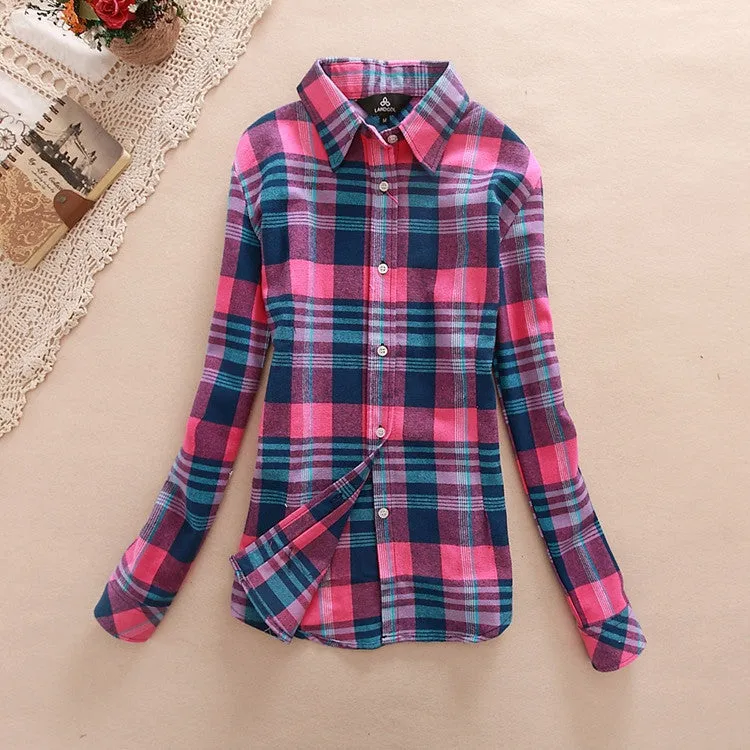Fashion Women Flannel Plaid Shirt Plus Size Blouses Female Long Sleeve shirt Ladies Tops 20 Colors