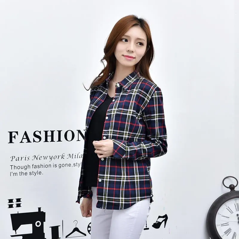 Fashion Women Flannel Plaid Shirt Plus Size Blouses Female Long Sleeve shirt Ladies Tops 20 Colors