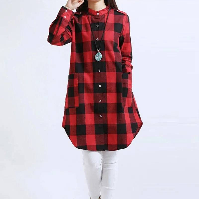 Fashion Women Plaid Shirts Blouses Long Casual Loose Vintage Dress Tops Plus Size M-XXL
