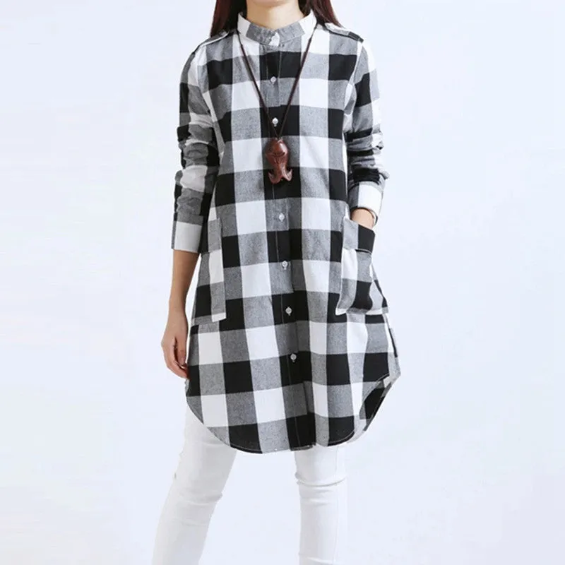 Fashion Women Plaid Shirts Blouses Long Casual Loose Vintage Dress Tops Plus Size M-XXL