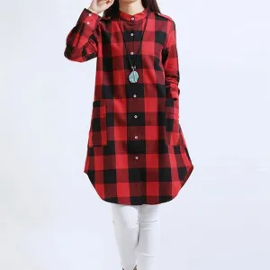 Fashion Women Plaid Shirts Blouses Long Casual Loose Vintage Dress Tops Plus Size M-XXL