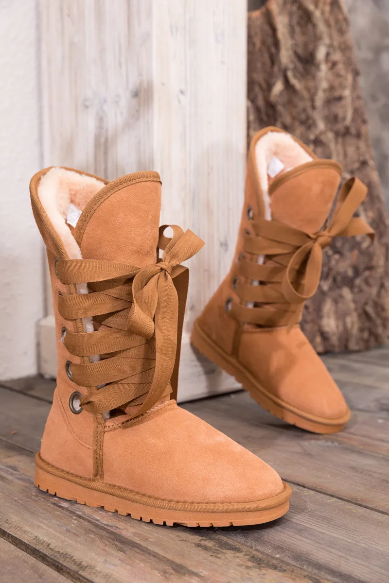 Faux Fur -Lined Ribbon Suede Tie Up Boots - Chestnut