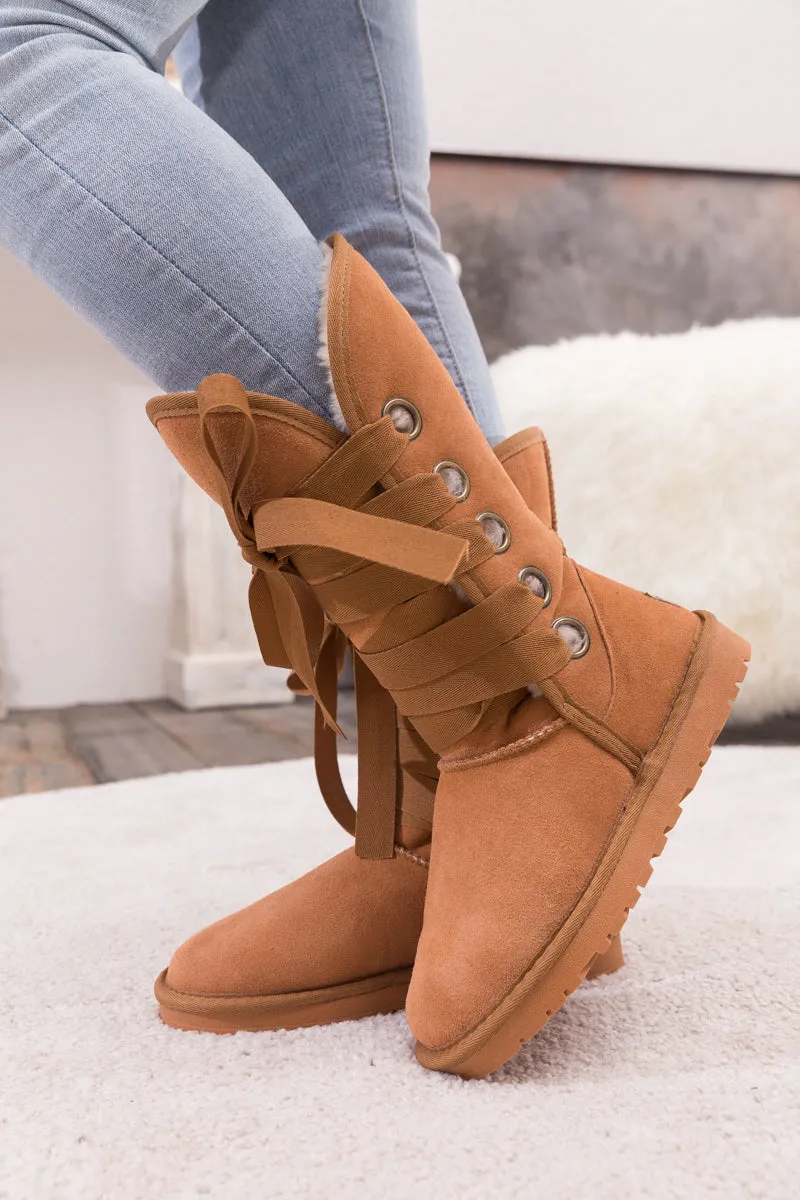 Faux Fur -Lined Ribbon Suede Tie Up Boots - Chestnut