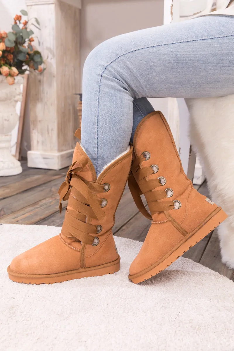 Faux Fur -Lined Ribbon Suede Tie Up Boots - Chestnut