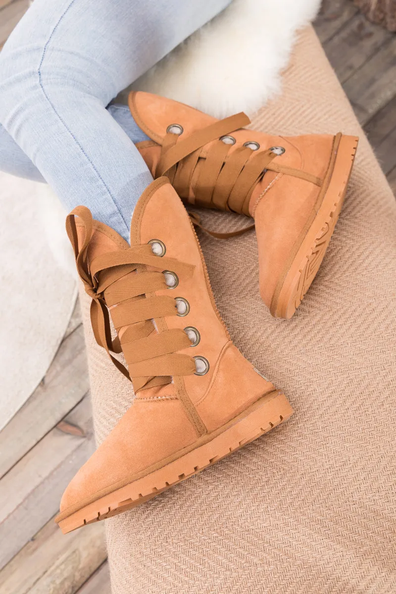 Faux Fur -Lined Ribbon Suede Tie Up Boots - Chestnut
