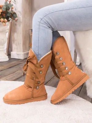 Faux Fur -Lined Ribbon Suede Tie Up Boots - Chestnut