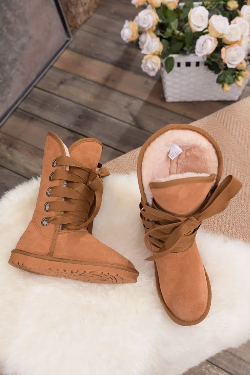 Faux Fur -Lined Ribbon Suede Tie Up Boots - Chestnut