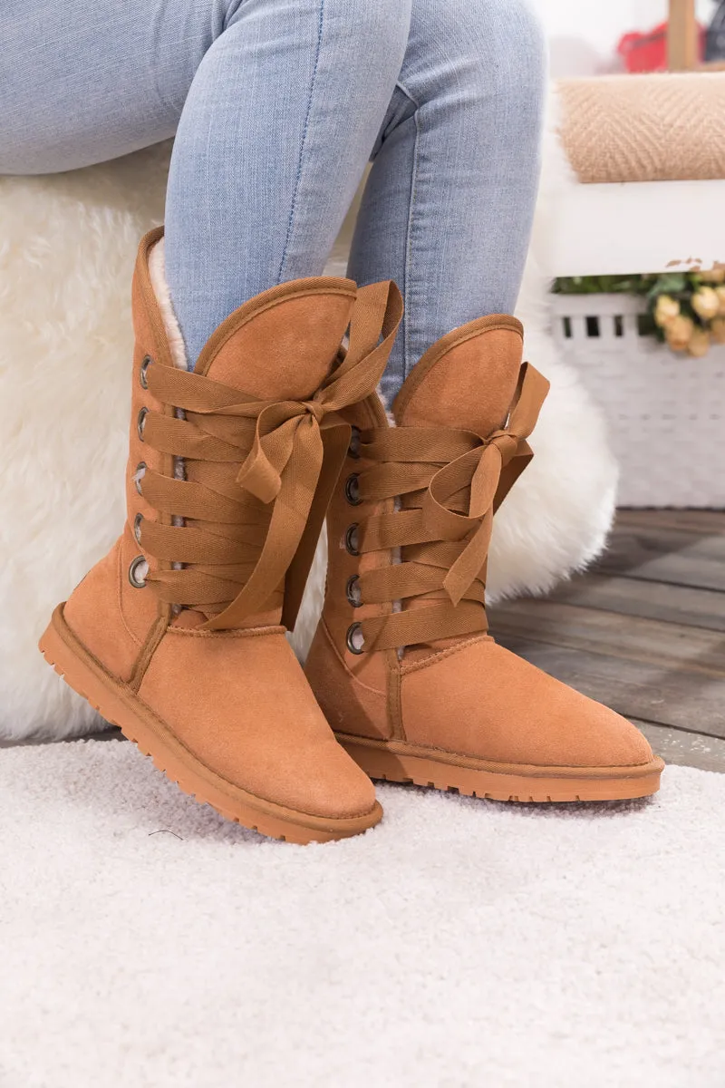 Faux Fur -Lined Ribbon Suede Tie Up Boots - Chestnut