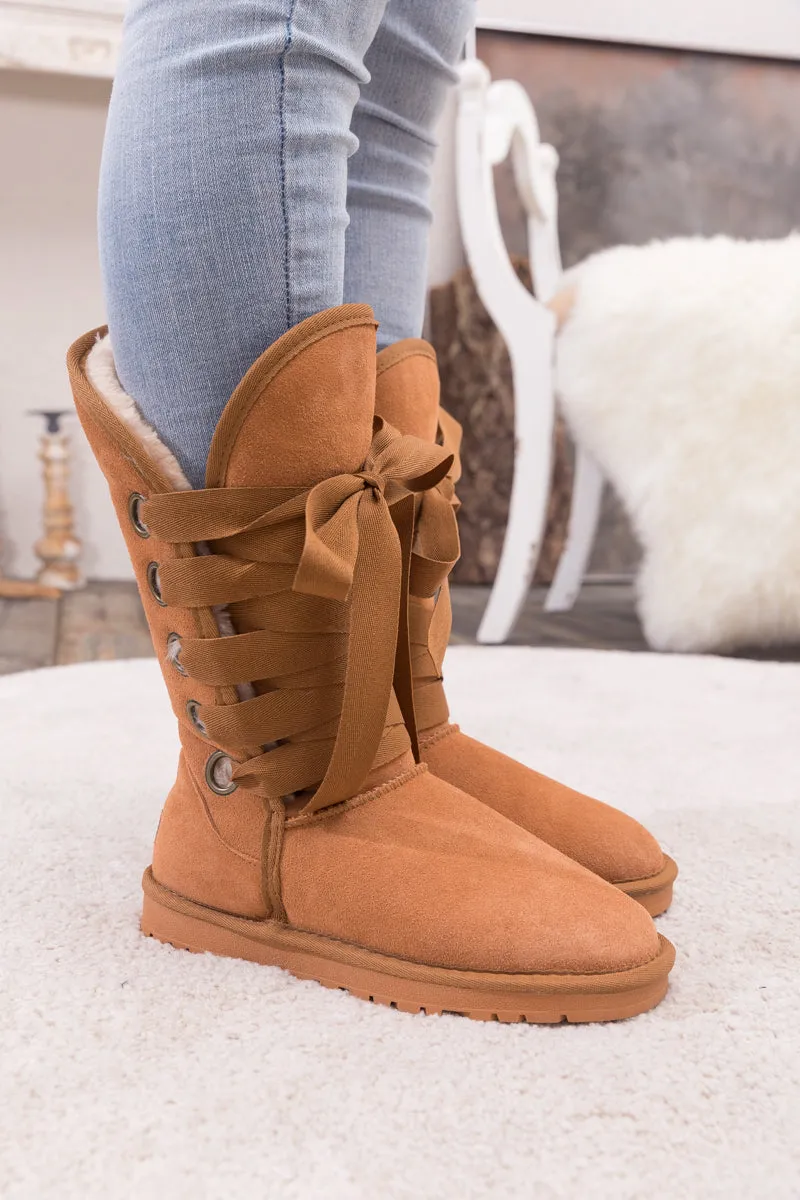 Faux Fur -Lined Ribbon Suede Tie Up Boots - Chestnut