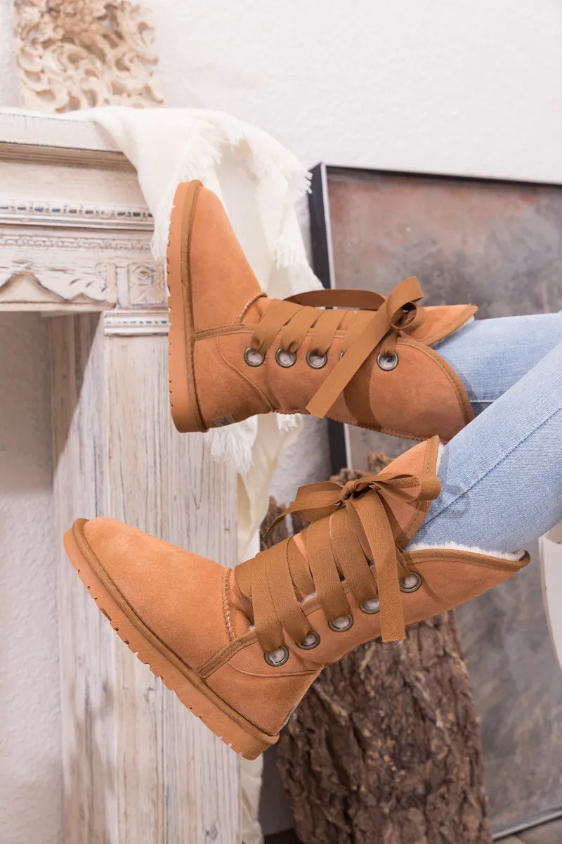 Faux Fur -Lined Ribbon Suede Tie Up Boots - Chestnut