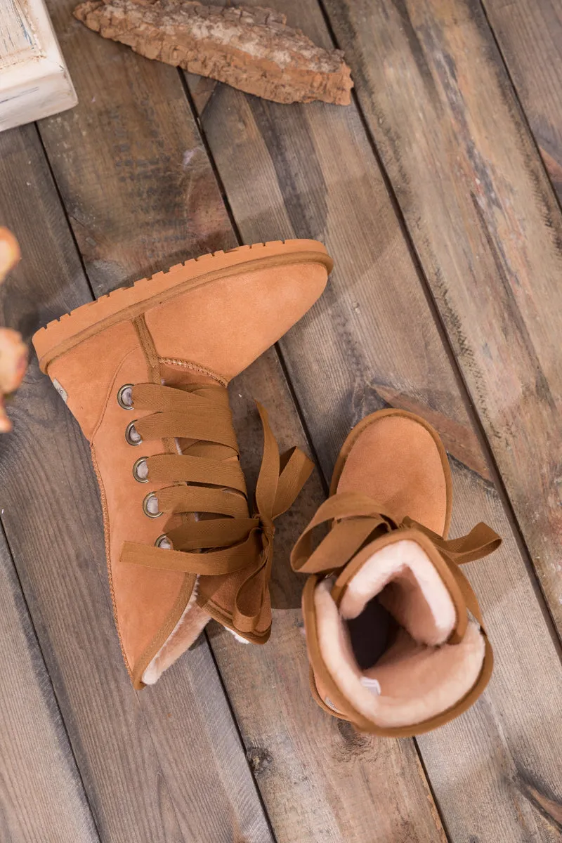 Faux Fur -Lined Ribbon Suede Tie Up Boots - Chestnut
