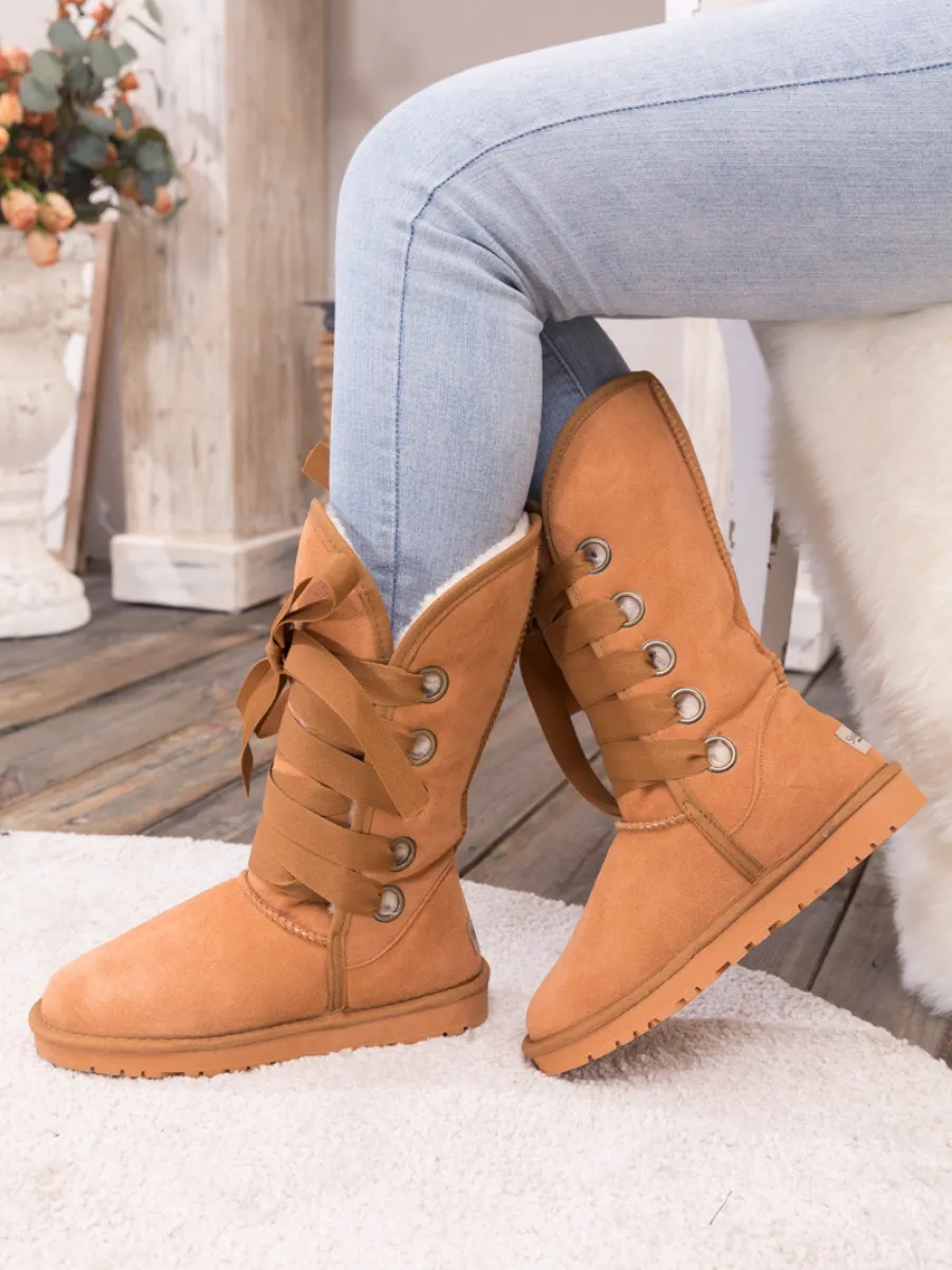 Faux Fur -Lined Ribbon Suede Tie Up Boots - Chestnut