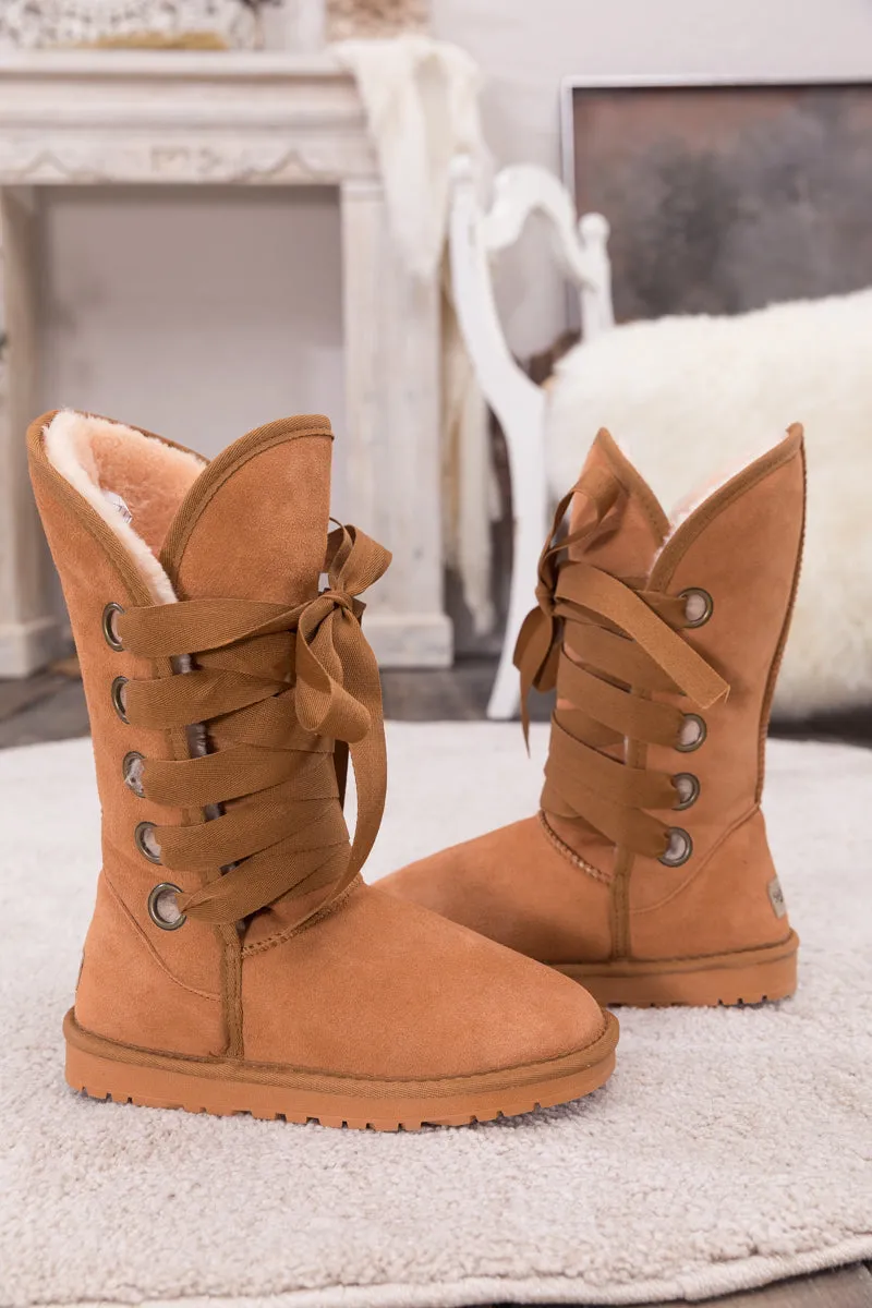 Faux Fur -Lined Ribbon Suede Tie Up Boots - Chestnut