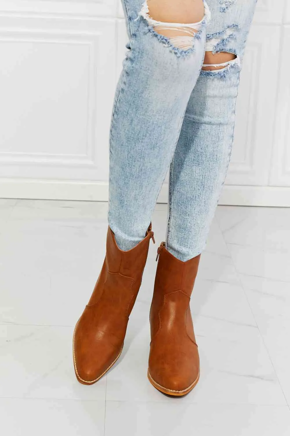 Faux Leather Western Ankle Boots in Ochre