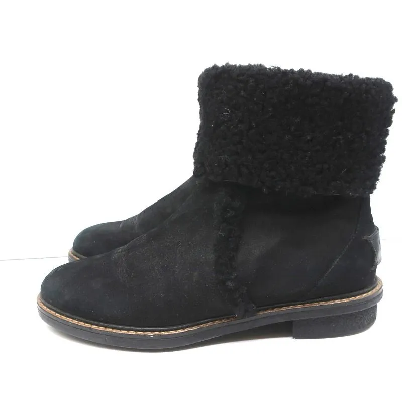 Fendi Foldover Shearling Ankle Boots Black Suede Size 37.5 Flat Booties