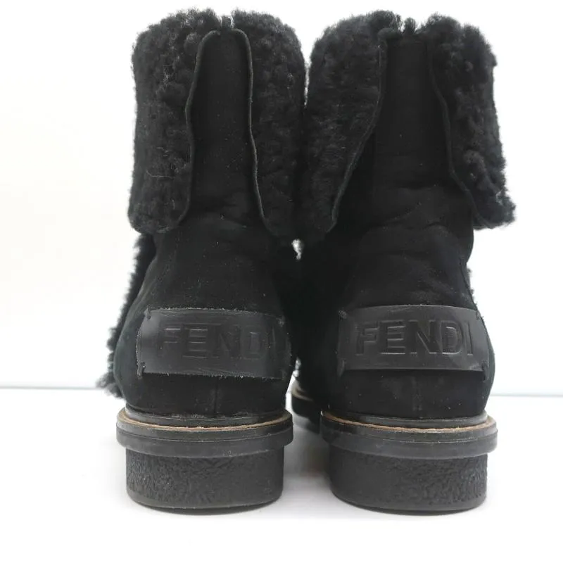 Fendi Foldover Shearling Ankle Boots Black Suede Size 37.5 Flat Booties