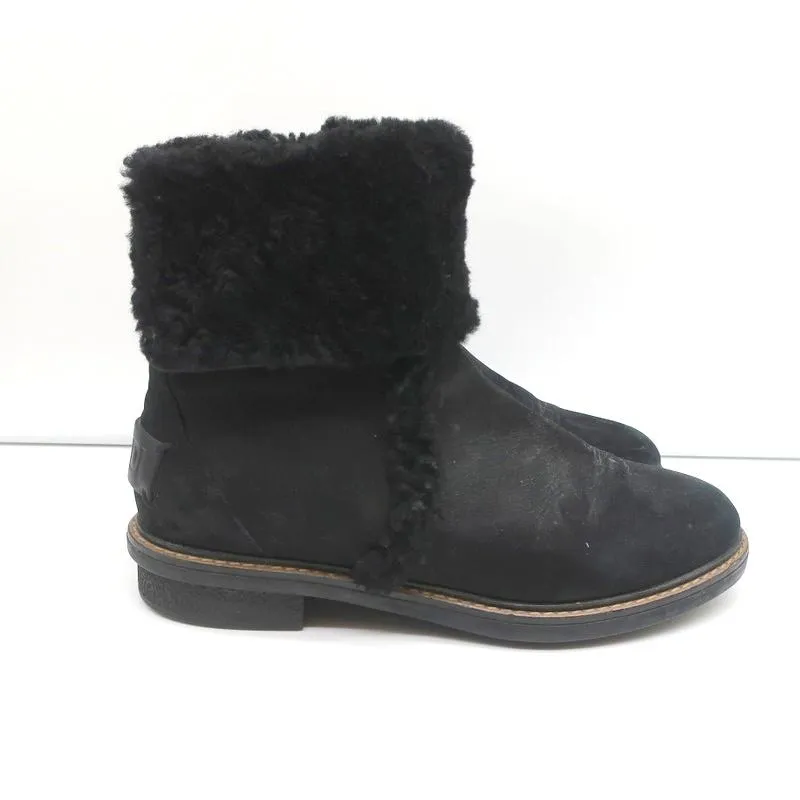 Fendi Foldover Shearling Ankle Boots Black Suede Size 37.5 Flat Booties