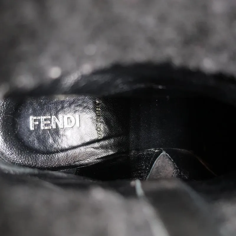 Fendi Foldover Shearling Ankle Boots Black Suede Size 37.5 Flat Booties