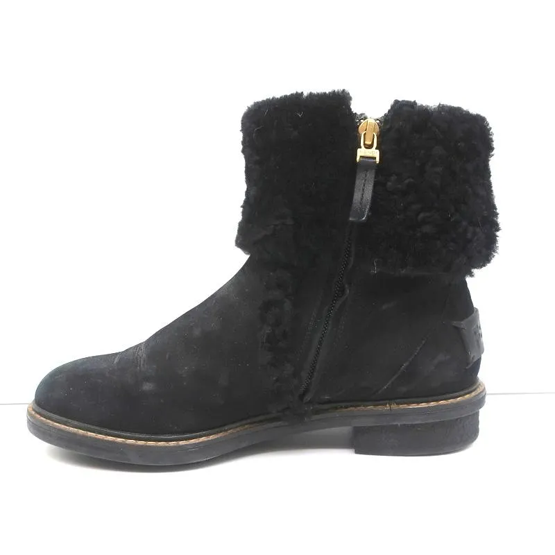 Fendi Foldover Shearling Ankle Boots Black Suede Size 37.5 Flat Booties