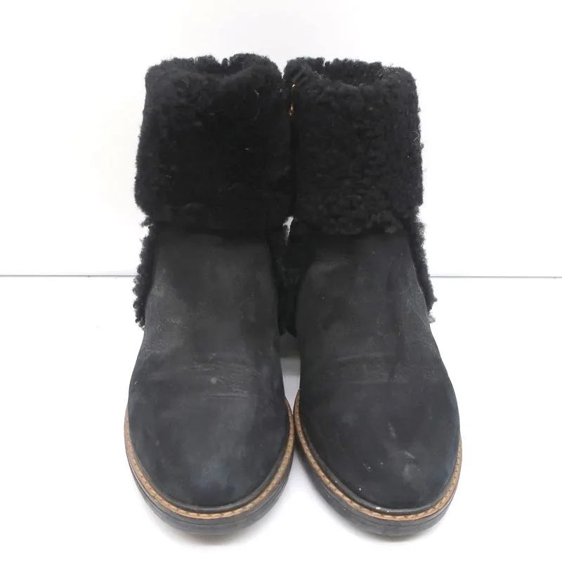 Fendi Foldover Shearling Ankle Boots Black Suede Size 37.5 Flat Booties