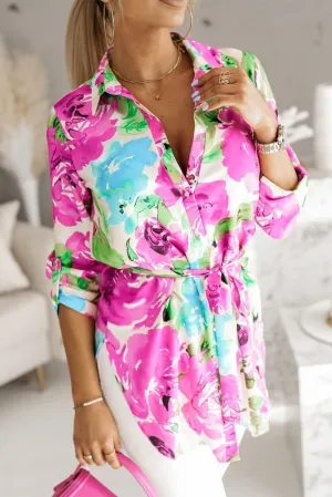 Floral Lace-up Roll Tab Tunic Shirt