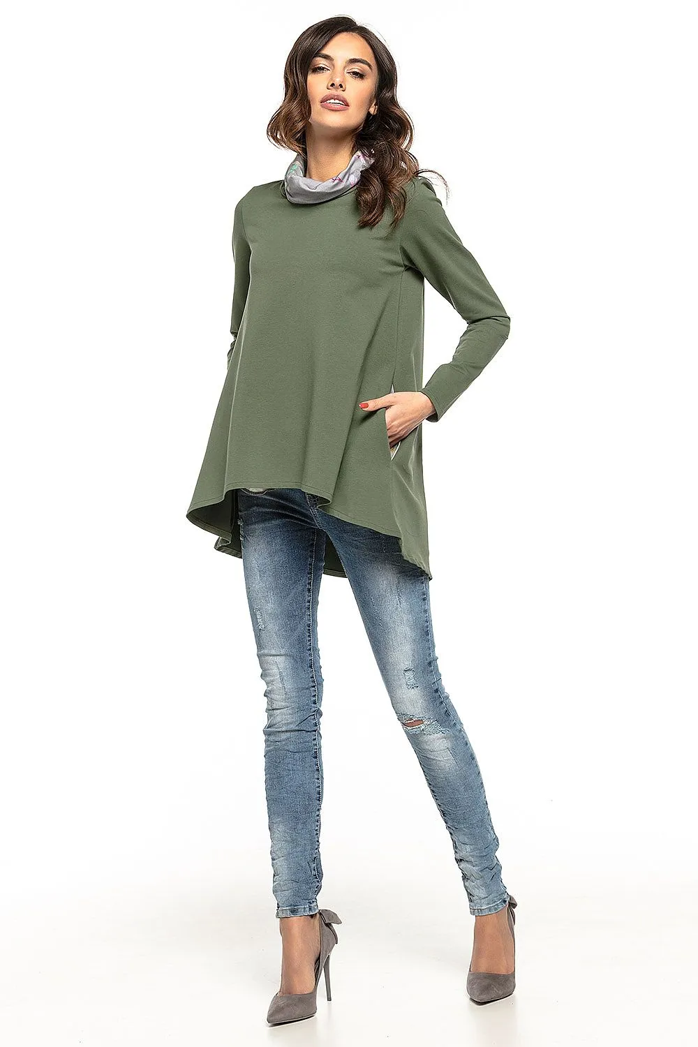 Floral Turtleneck Tunic With Pockets