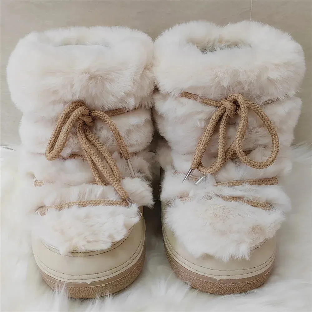 Fluffy Fur Boots – Fashion Sexy Faux Fox Fur Snow Boots, Ladies Furry Warm Cotton Boots, Outdoor Ski Boots for Winter