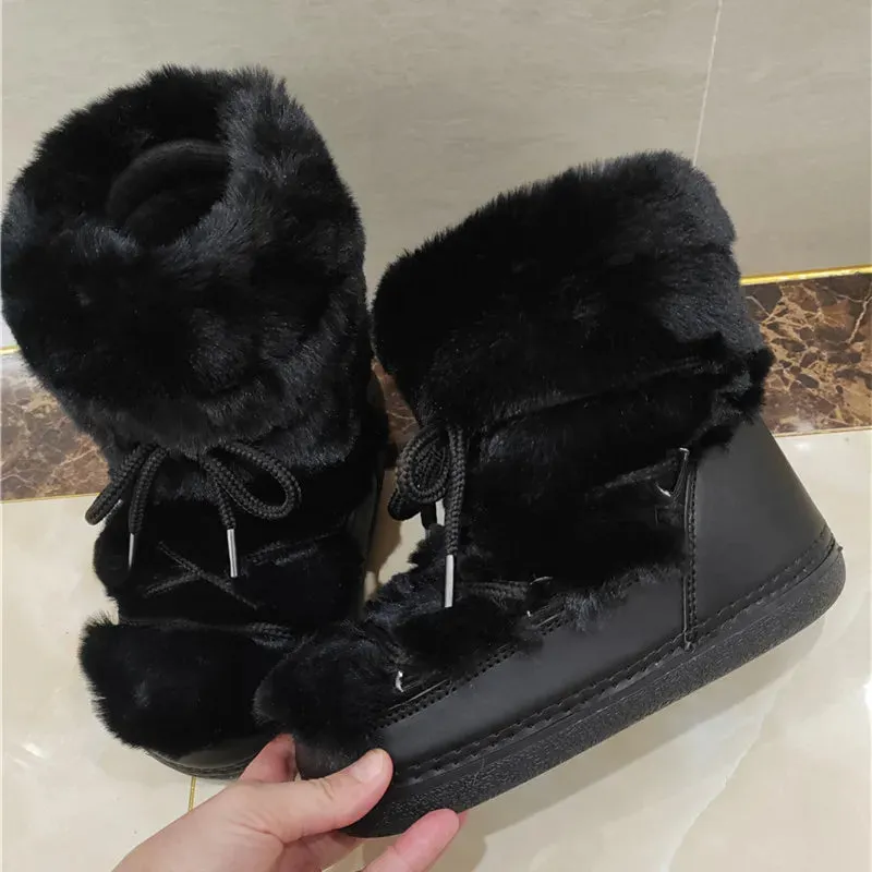 Fluffy Fur Boots – Fashion Sexy Faux Fox Fur Snow Boots, Ladies Furry Warm Cotton Boots, Outdoor Ski Boots for Winter