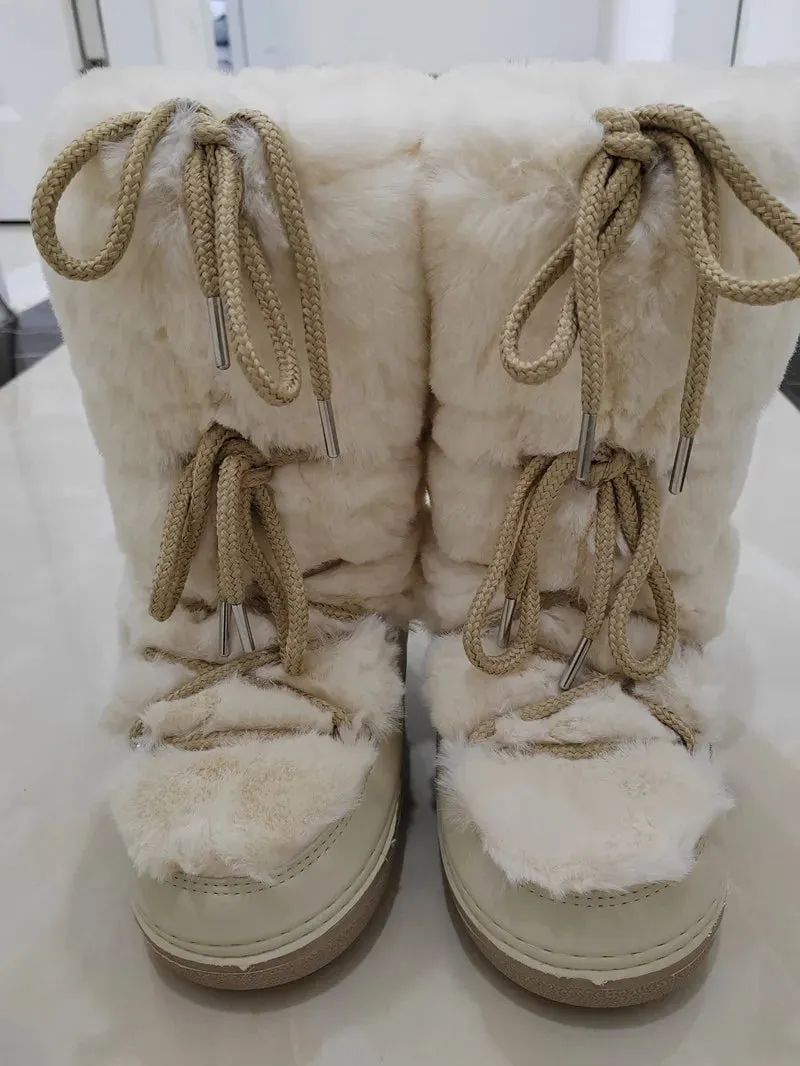 Fluffy Fur Boots – Fashion Sexy Faux Fox Fur Snow Boots, Ladies Furry Warm Cotton Boots, Outdoor Ski Boots for Winter
