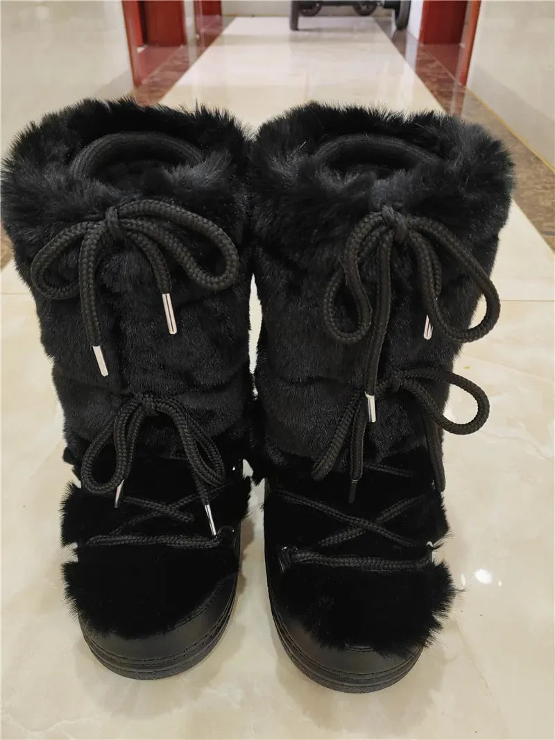 Fluffy Fur Boots – Fashion Sexy Faux Fox Fur Snow Boots, Ladies Furry Warm Cotton Boots, Outdoor Ski Boots for Winter
