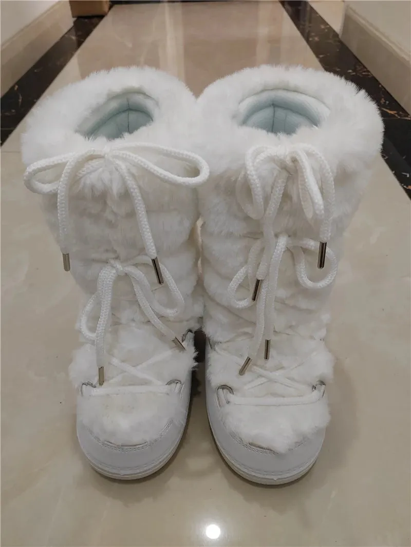 Fluffy Fur Boots – Fashion Sexy Faux Fox Fur Snow Boots, Ladies Furry Warm Cotton Boots, Outdoor Ski Boots for Winter