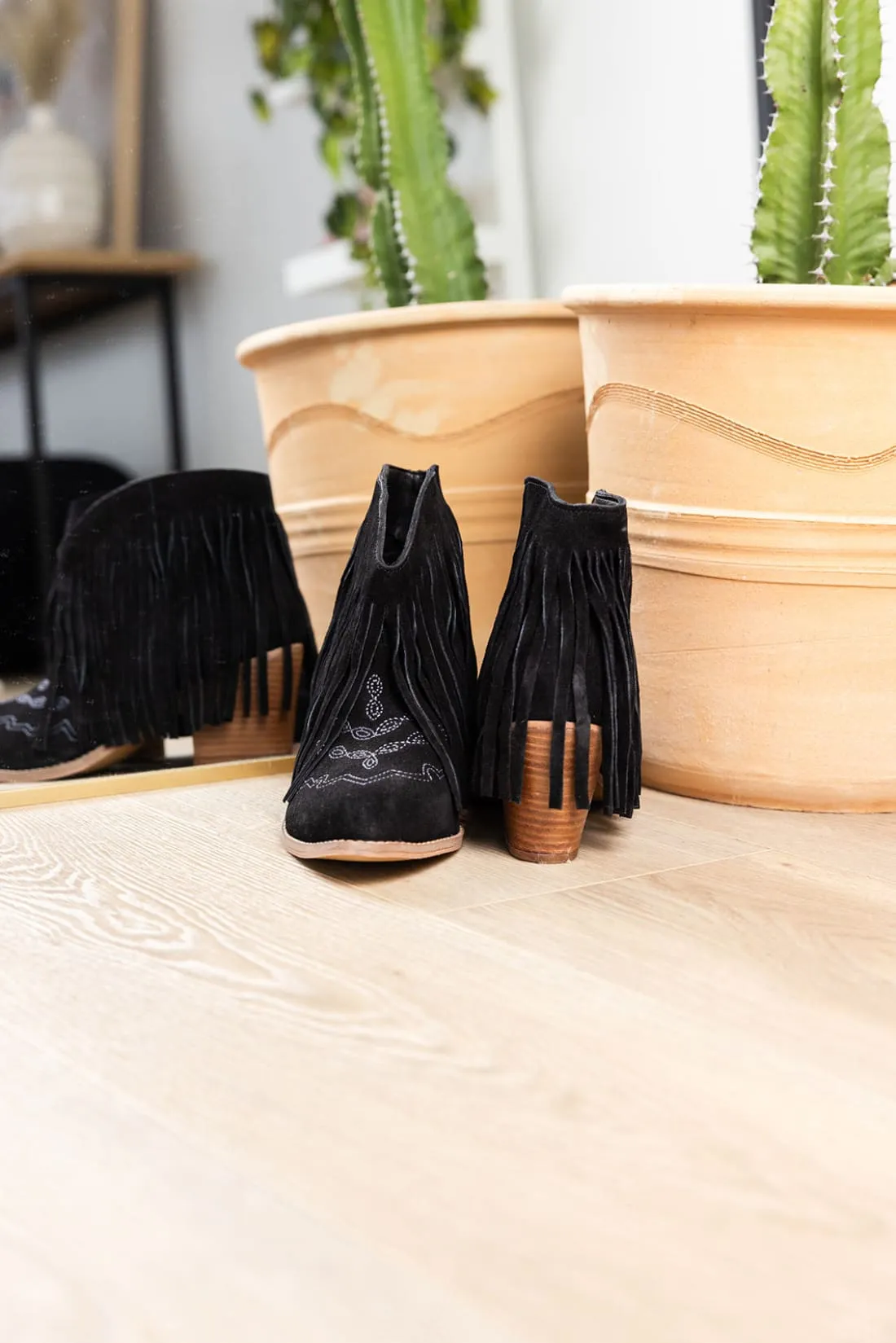 Fringe Bootie in Black Suede