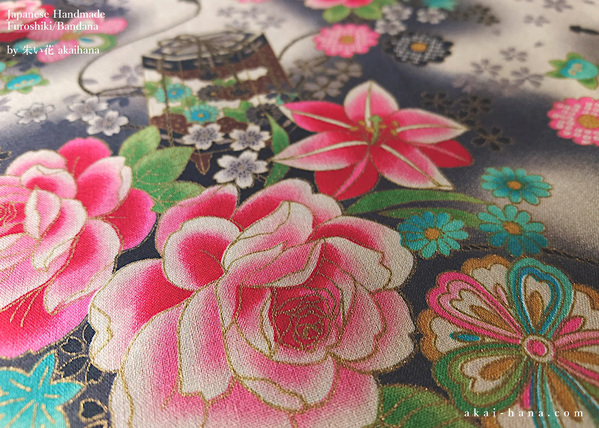 Furoshiki Reusable Fabric Wrap, Bandana, Black Floral Kimono ⦿fsjf0039