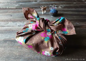 Furoshiki Reusable Fabric Wrap, Bandana, Brown Floral ⦿fsjf0022