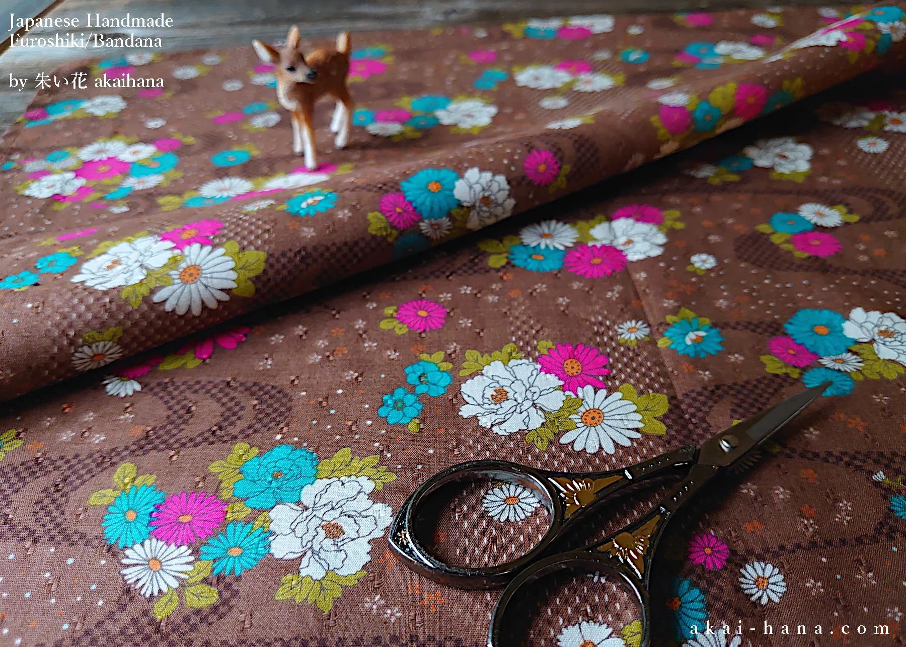 Furoshiki Reusable Fabric Wrap, Bandana, Brown Floral ⦿fsjf0022