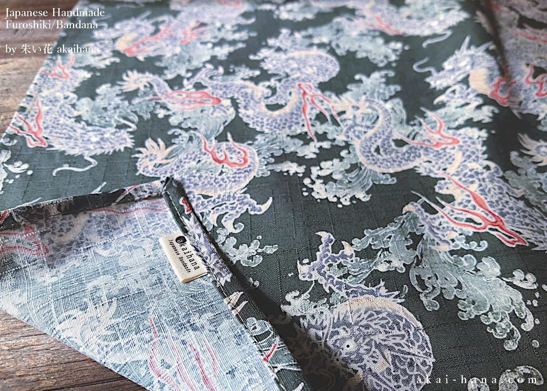 Furoshiki Reusable Fabric Wrap, Bandana, Ryū Dragon Gray ⦿fsjf0034