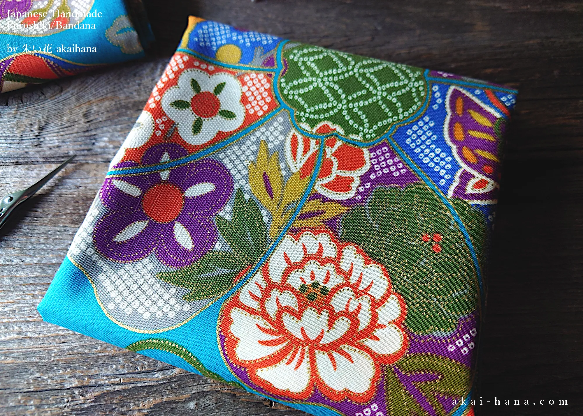 Furoshiki Reusable Fabric Wrap, Bandana, Teal Floral Kimono ⦿fsjf0038
