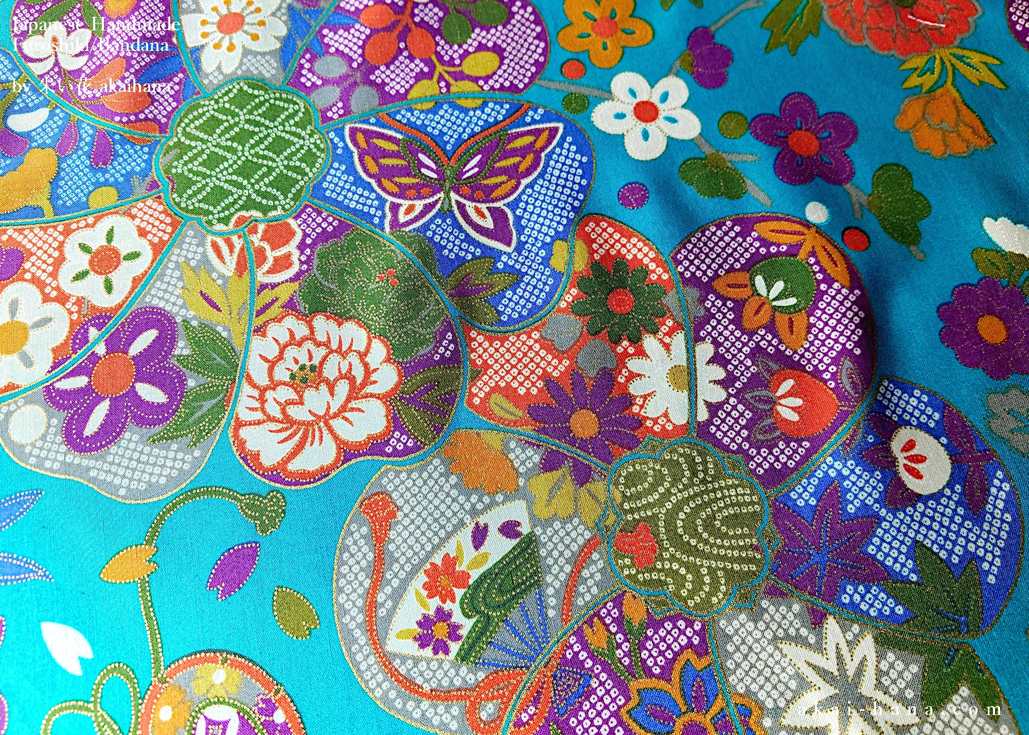 Furoshiki Reusable Fabric Wrap, Bandana, Teal Floral Kimono ⦿fsjf0038