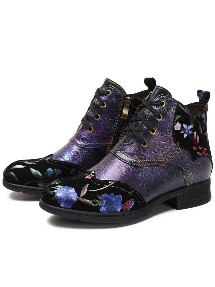Genuine Leather Embossed Comfy Ankle Boots