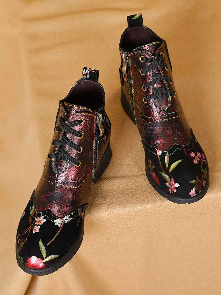 Genuine Leather Embossed Comfy Ankle Boots